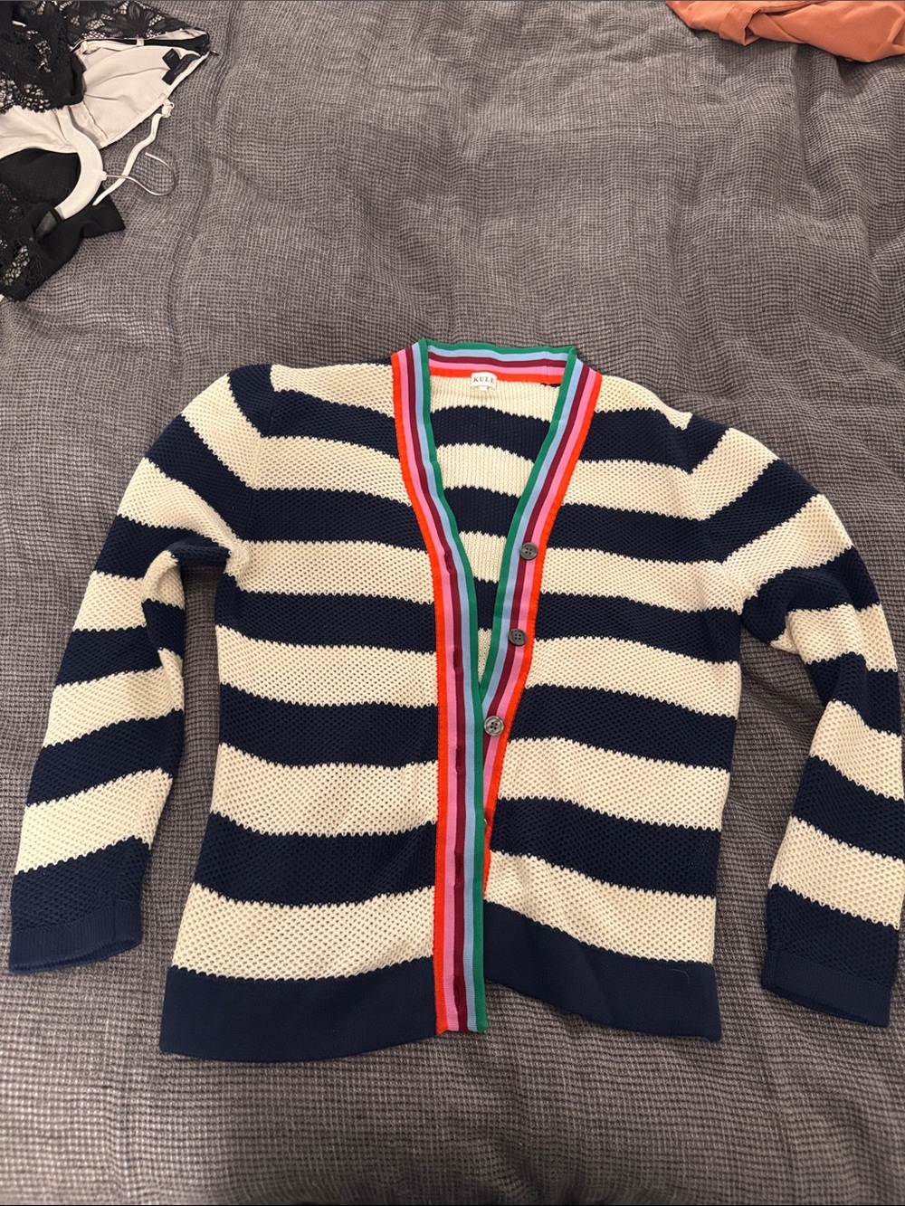 KULE raven Navy and Cream Striped Cardigan with Multicolor Trim - Picture 4 of 5
